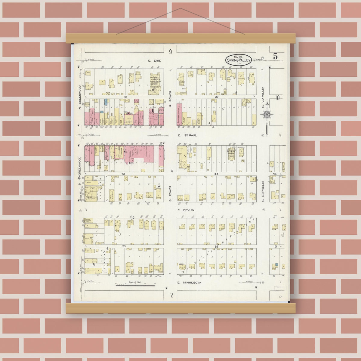 Old map wall art mockup — magnetic wood frame on brick wall — Sanborn Fire Insurance Map from Spring Valley, Bureau County, Illinois (1913), Sheet #0005