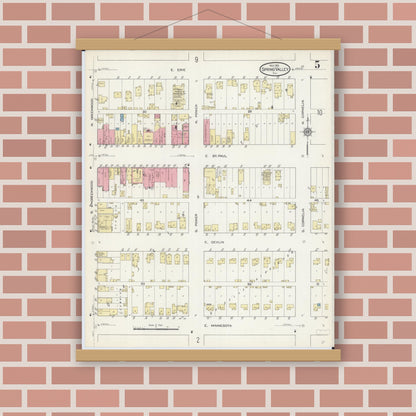 Old map wall art mockup — magnetic wood frame on brick wall — Sanborn Fire Insurance Map from Spring Valley, Bureau County, Illinois (1913), Sheet #0005