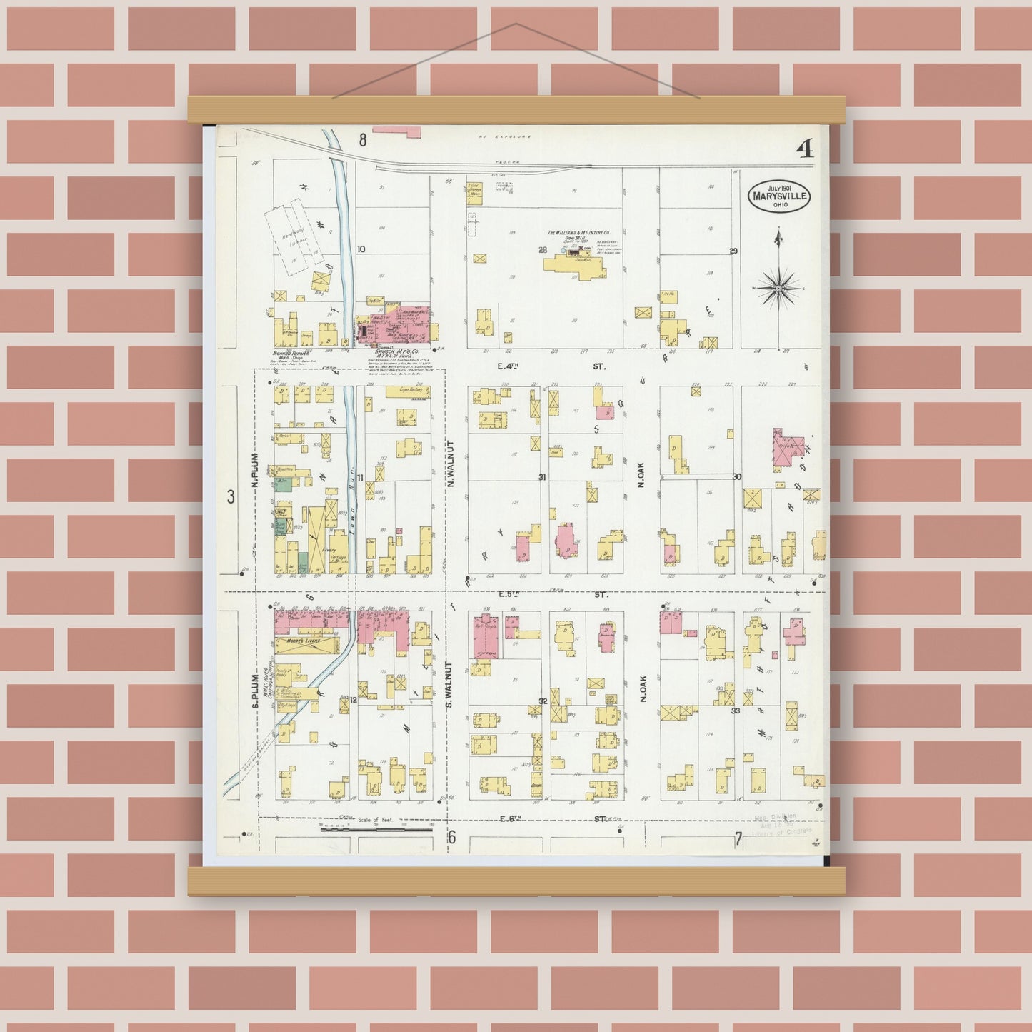 Old map wall art mockup — magnetic wood frame on brick wall — Sanborn Fire Insurance Map from Marysville, Union County, Ohio (1901), Sheet #0004