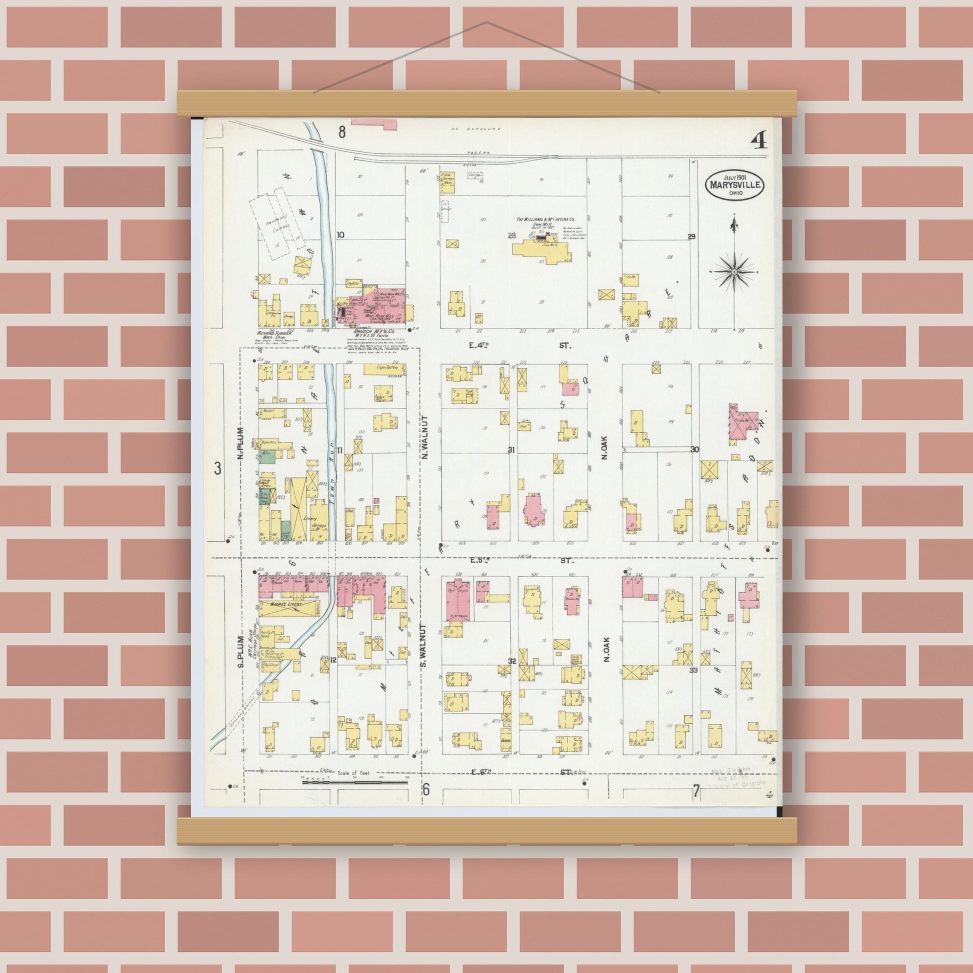 Old map wall art mockup — magnetic wood frame on brick wall — Sanborn Fire Insurance Map from Marysville, Union County, Ohio (1901), Sheet #0004