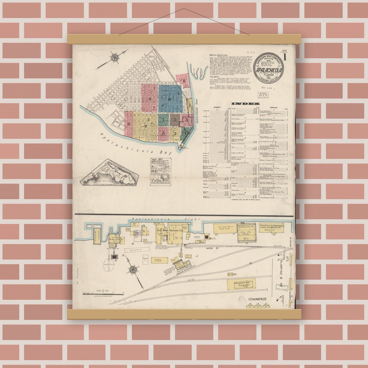 Old map wall art mockup — magnetic wood frame on brick wall — Sanborn Fire Insurance Map from Apalachicola, Franklin County, Florida (1922), Sheet #0001
