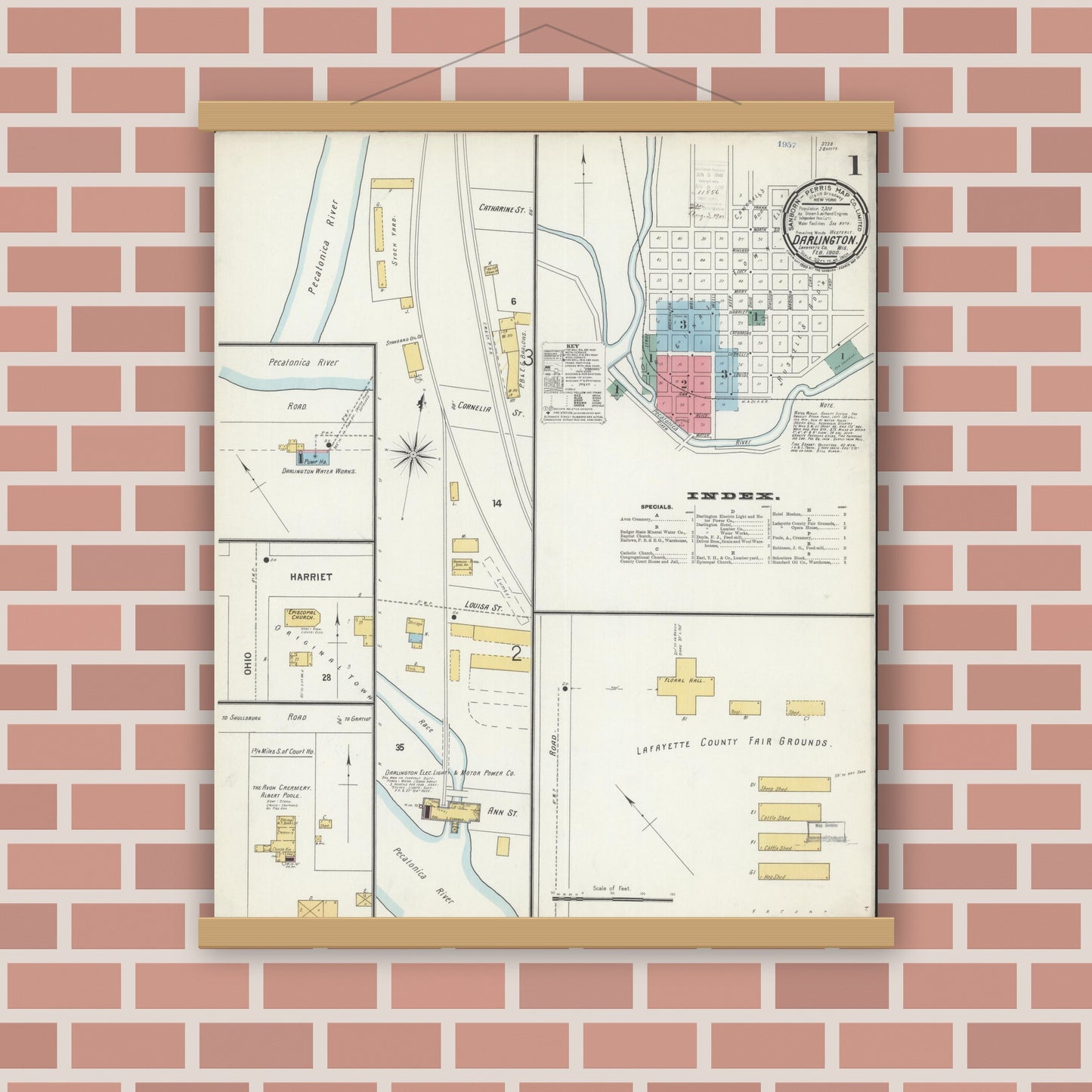 Old map wall art mockup — magnetic wood frame on brick wall — Sanborn Fire Insurance Map from Darlington, Lafayette County, Wisconsin (1900), Sheet #0001