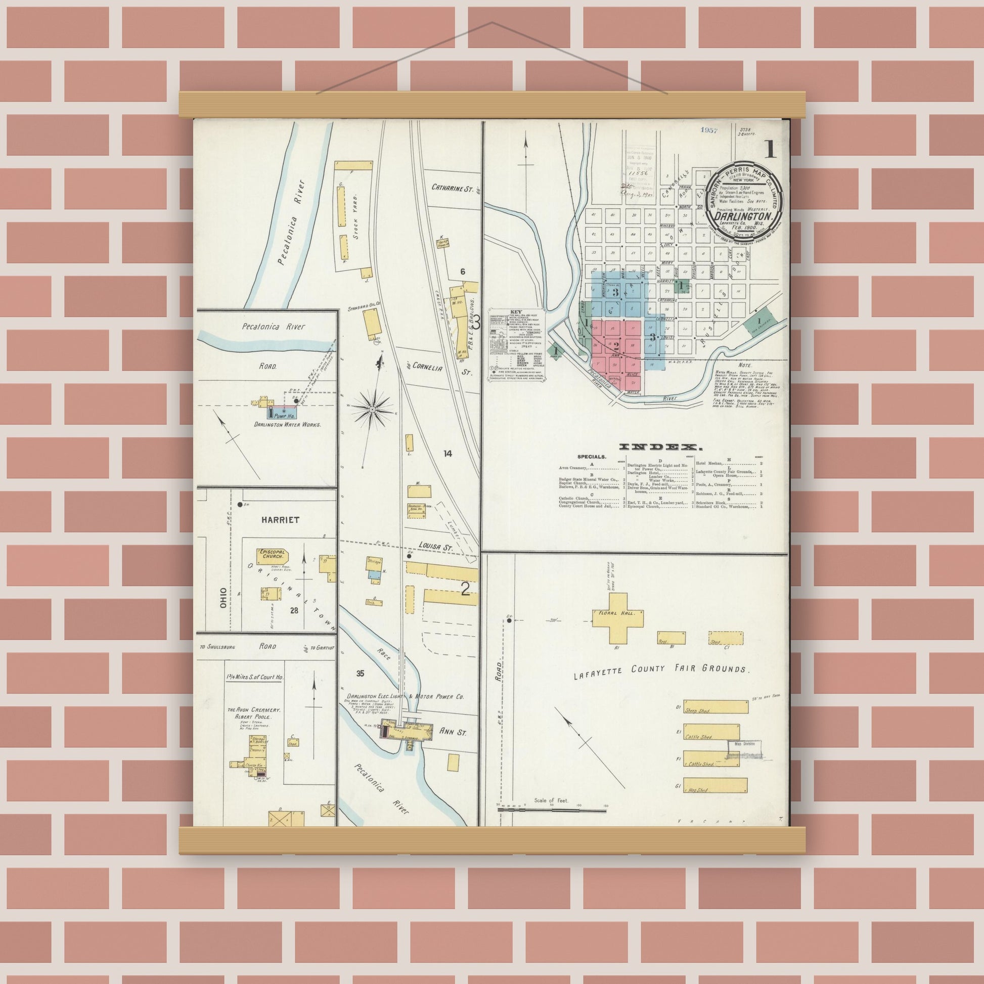Old map wall art mockup — magnetic wood frame on brick wall — Sanborn Fire Insurance Map from Darlington, Lafayette County, Wisconsin (1900), Sheet #0001