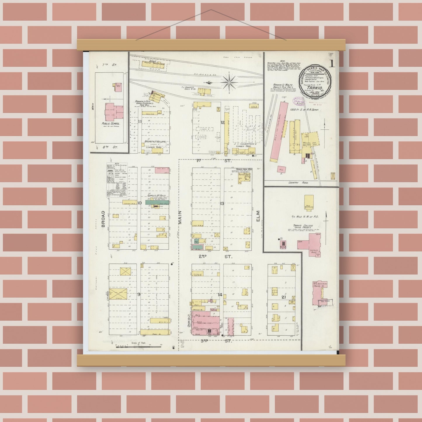 Old map wall art mockup — magnetic wood frame on brick wall — Sanborn Fire Insurance Map from Tarkio, Atchison County, Missouri (1894) - Complete Map Set