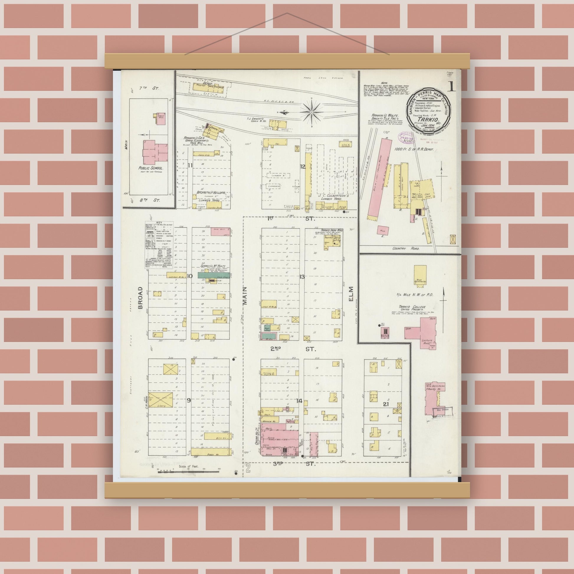 Old map wall art mockup — magnetic wood frame on brick wall — Sanborn Fire Insurance Map from Tarkio, Atchison County, Missouri (1894) - Complete Map Set