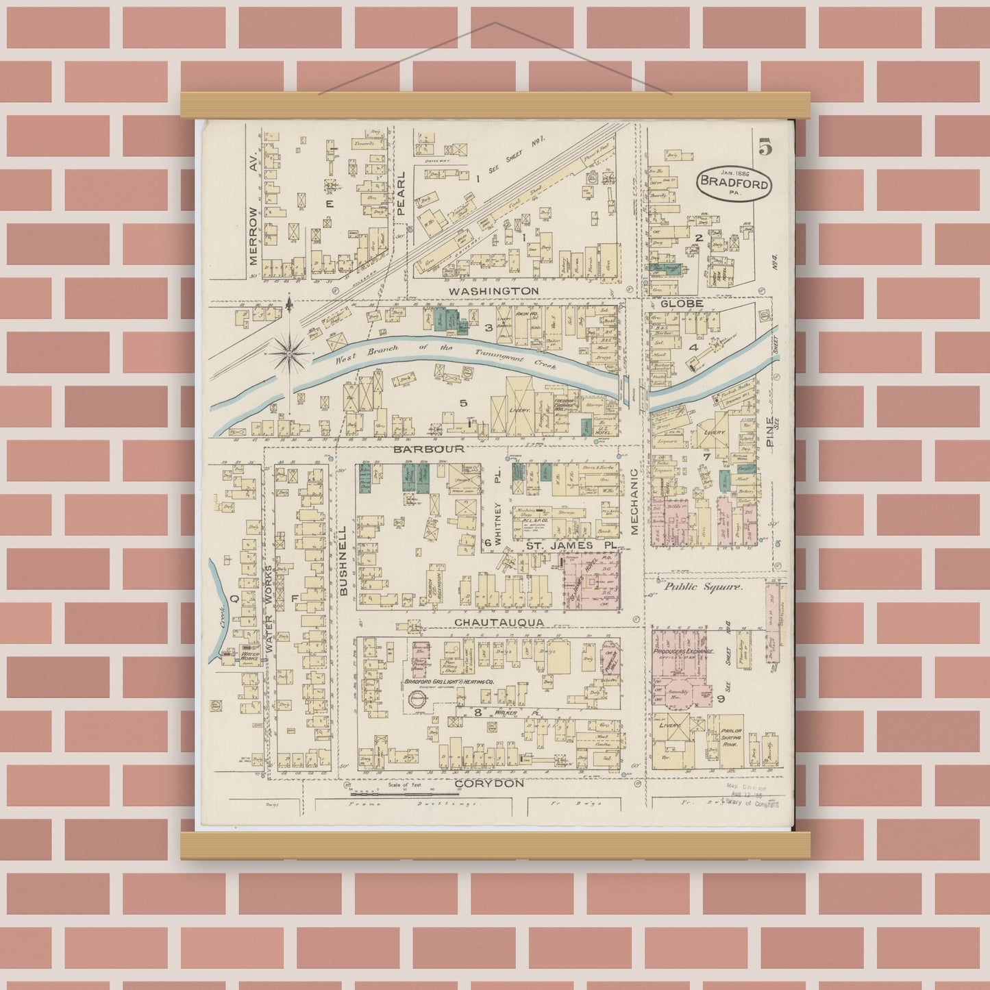 Old map wall art mockup — magnetic wood frame on brick wall — Sanborn Fire Insurance Map from Bradford, McKean County, Pennsylvania (1886), Sheet #0005
