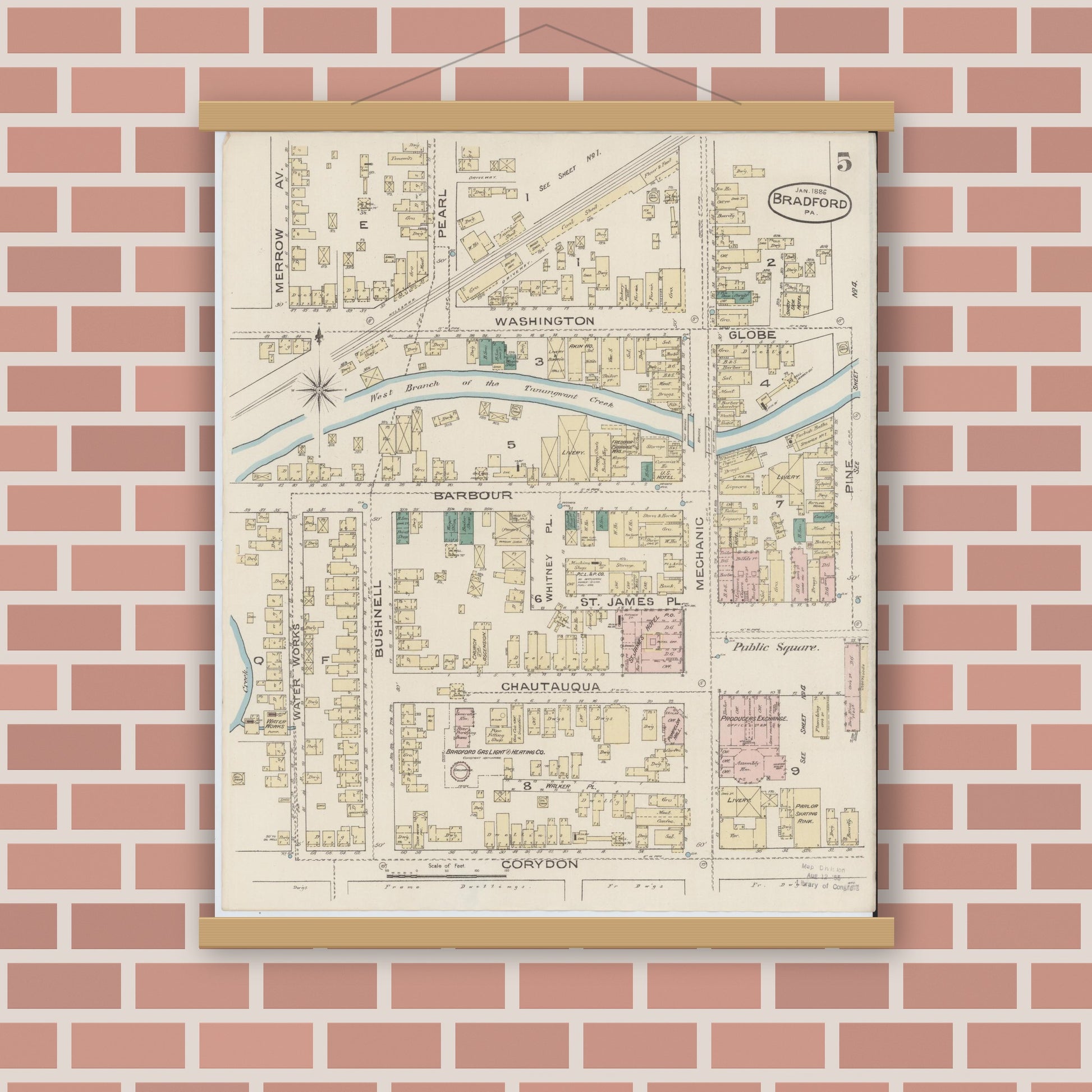 Old map wall art mockup — magnetic wood frame on brick wall — Sanborn Fire Insurance Map from Bradford, McKean County, Pennsylvania (1886), Sheet #0005