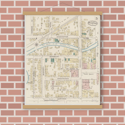 Old map wall art mockup — magnetic wood frame on brick wall — Sanborn Fire Insurance Map from Bradford, McKean County, Pennsylvania (1886), Sheet #0005