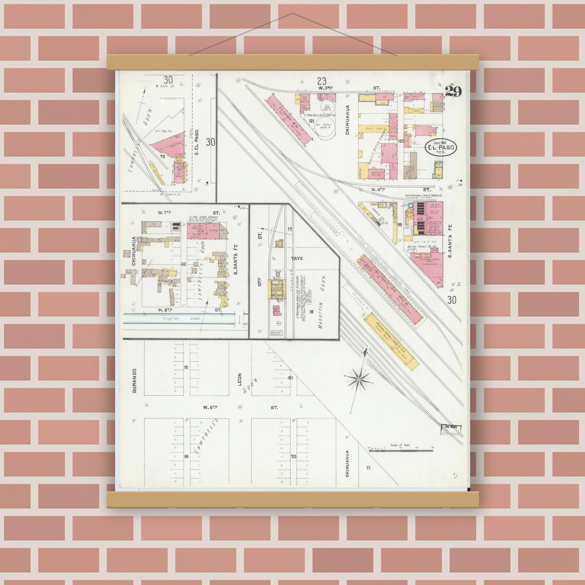 Old map wall art mockup — magnetic wood frame on brick wall — Sanborn Fire Insurance Map from El Paso, El Paso County, Texas (1905), Sheet #0029