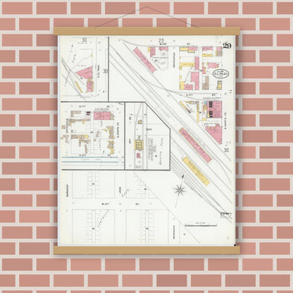 Old map wall art mockup — magnetic wood frame on brick wall — Sanborn Fire Insurance Map from El Paso, El Paso County, Texas (1905), Sheet #0029