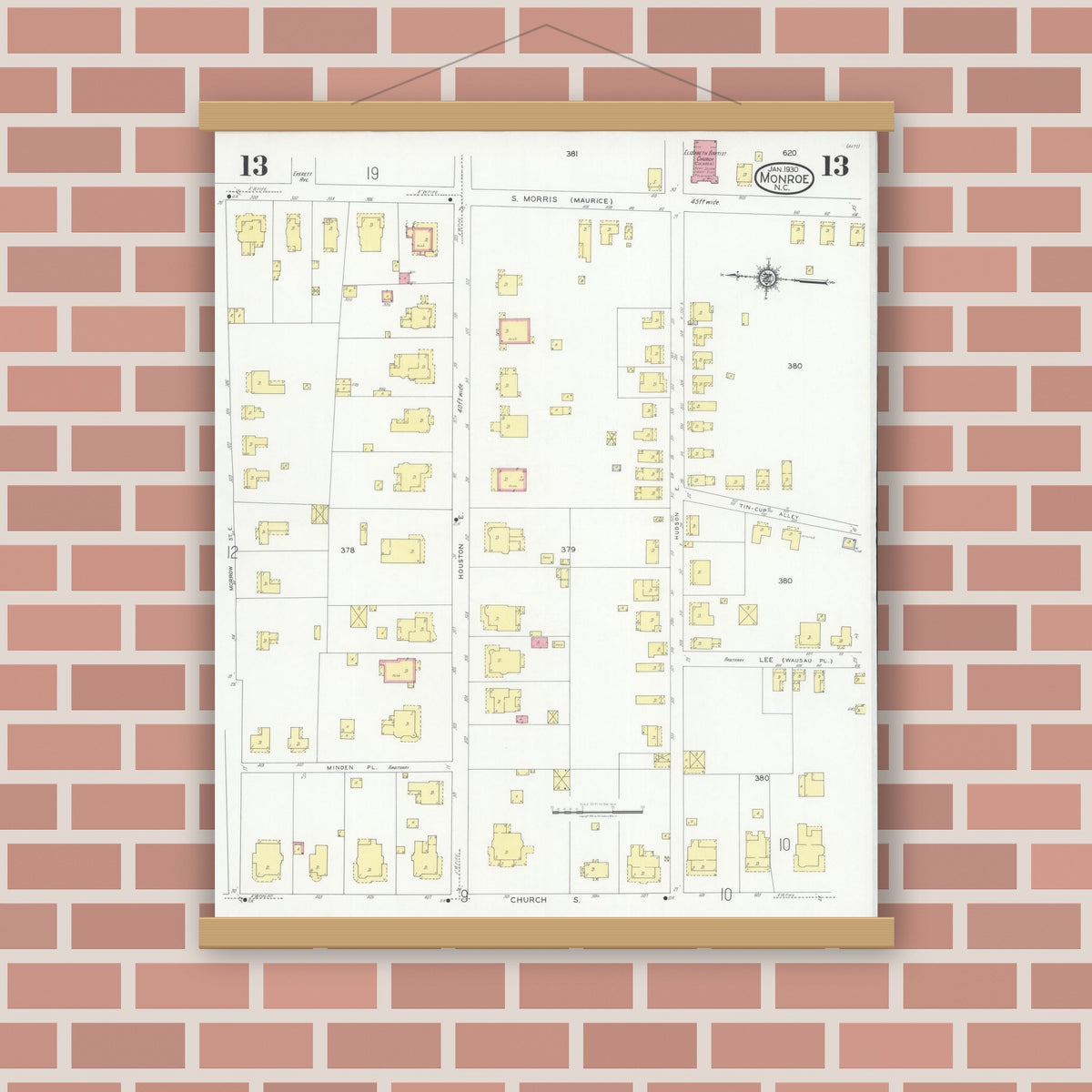 Old map wall art mockup — magnetic wood frame on brick wall — Sanborn Fire Insurance Map from Monroe, Union County, North Carolina (1930), Sheet #0013