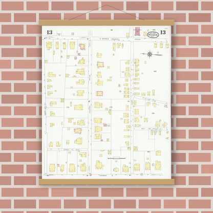 Old map wall art mockup — magnetic wood frame on brick wall — Sanborn Fire Insurance Map from Monroe, Union County, North Carolina (1930), Sheet #0013