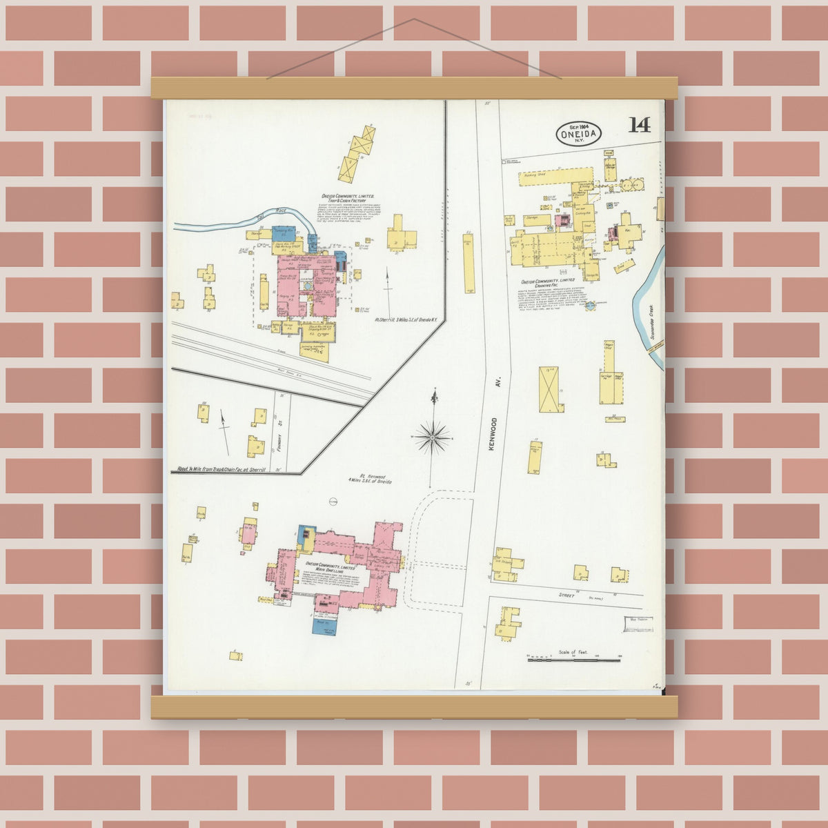 Old map wall art mockup — magnetic wood frame on brick wall — Sanborn Fire Insurance Map from Oneida, Madison County, New York (1904), Sheet #0013