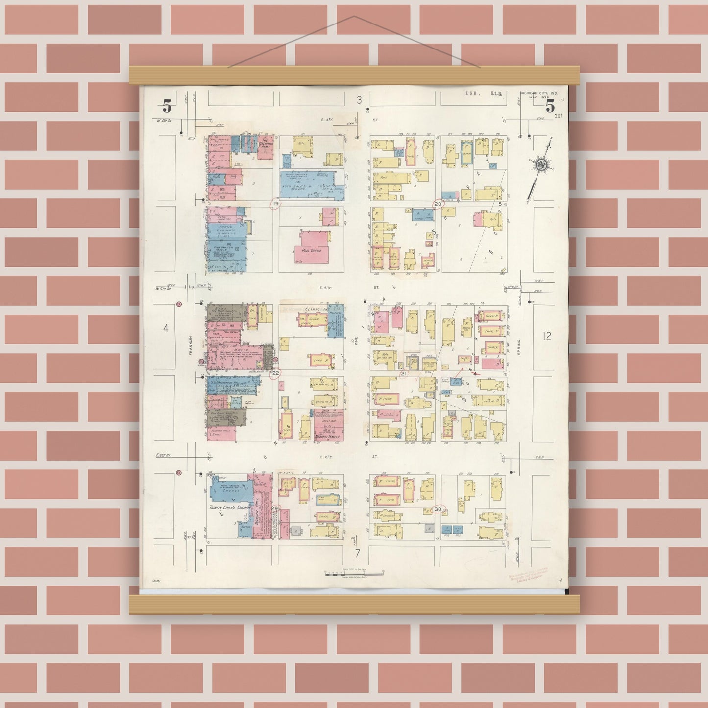 Old map wall art mockup — magnetic wood frame on brick wall — Sanborn Fire Insurance Map from Michigan City, La Porte County, Indiana (1948), Sheet #0005