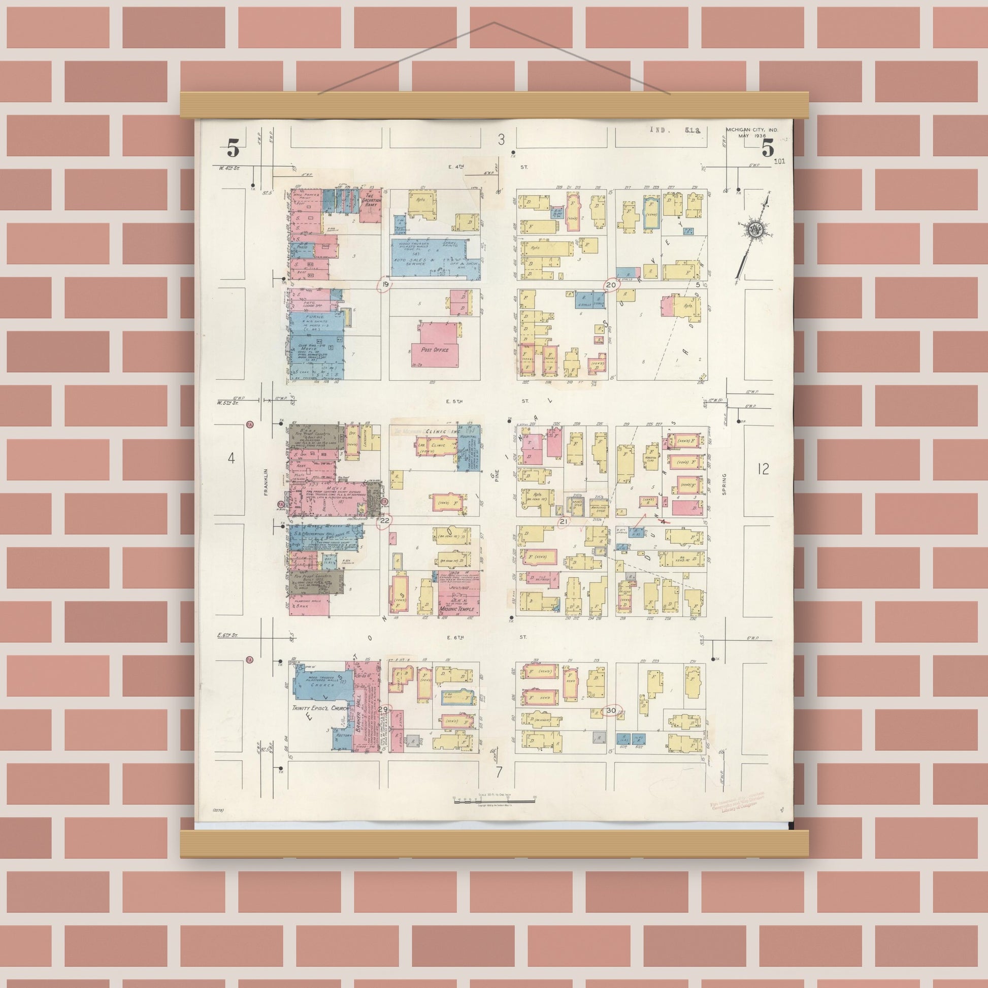 Old map wall art mockup — magnetic wood frame on brick wall — Sanborn Fire Insurance Map from Michigan City, La Porte County, Indiana (1948), Sheet #0005