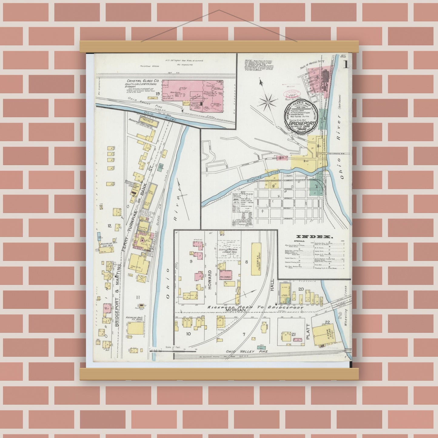 Old map wall art mockup — magnetic wood frame on brick wall — Sanborn Fire Insurance Map from Bridgeport, Belmont County, Ohio (1893) - Complete Map Set