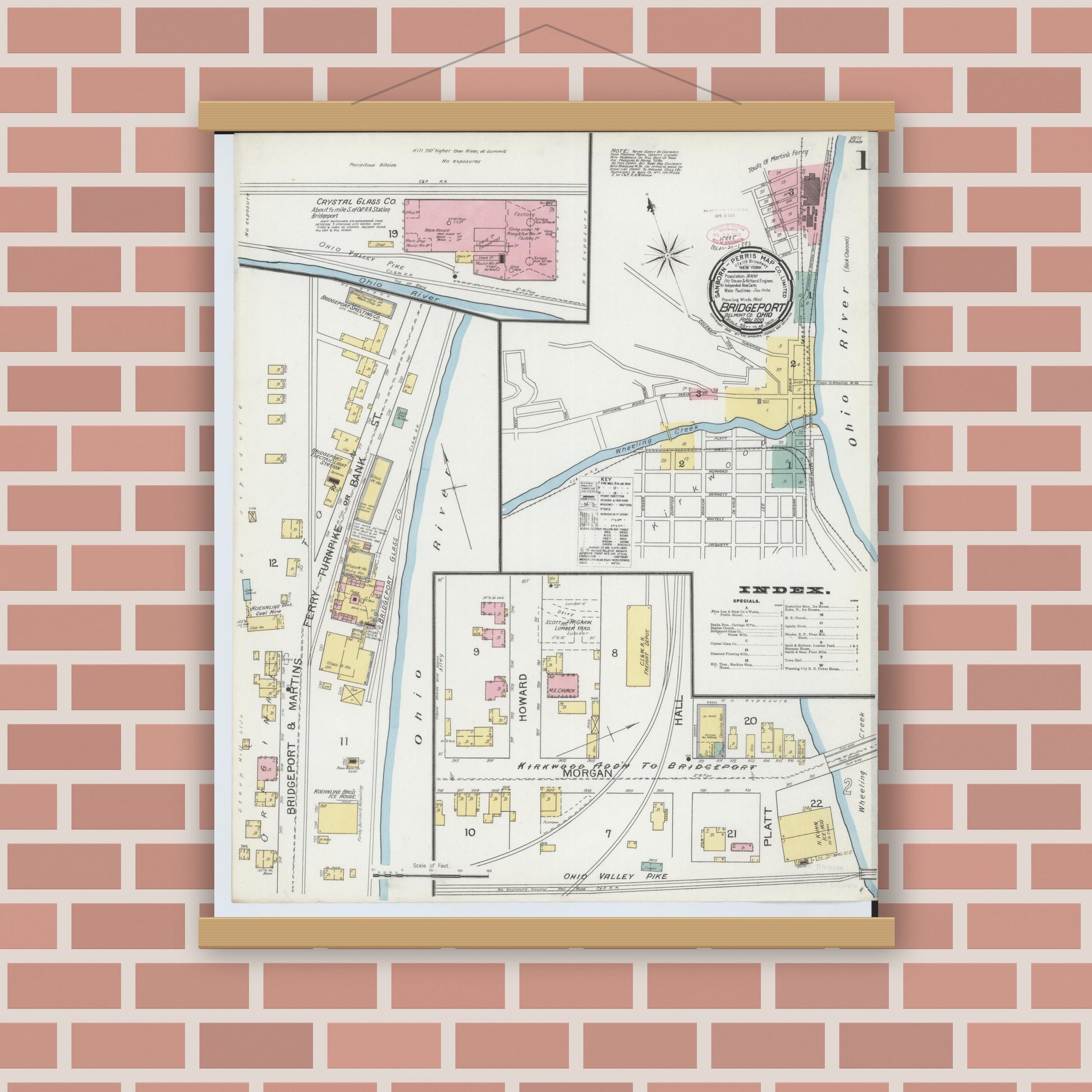 Old map wall art mockup — magnetic wood frame on brick wall — Sanborn Fire Insurance Map from Bridgeport, Belmont County, Ohio (1893) - Complete Map Set