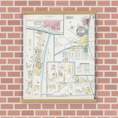 Old map wall art mockup — magnetic wood frame on brick wall — Sanborn Fire Insurance Map from Bridgeport, Belmont County, Ohio (1893) - Complete Map Set