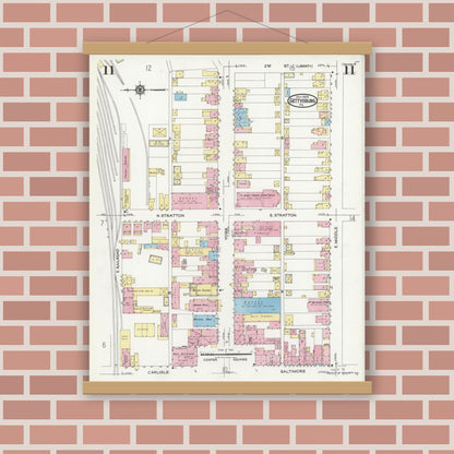 Old map wall art mockup — magnetic wood frame on brick wall — Sanborn Fire Insurance Map from Gettysburg, Adams County, Pennsylvania (1924), Sheet #0011