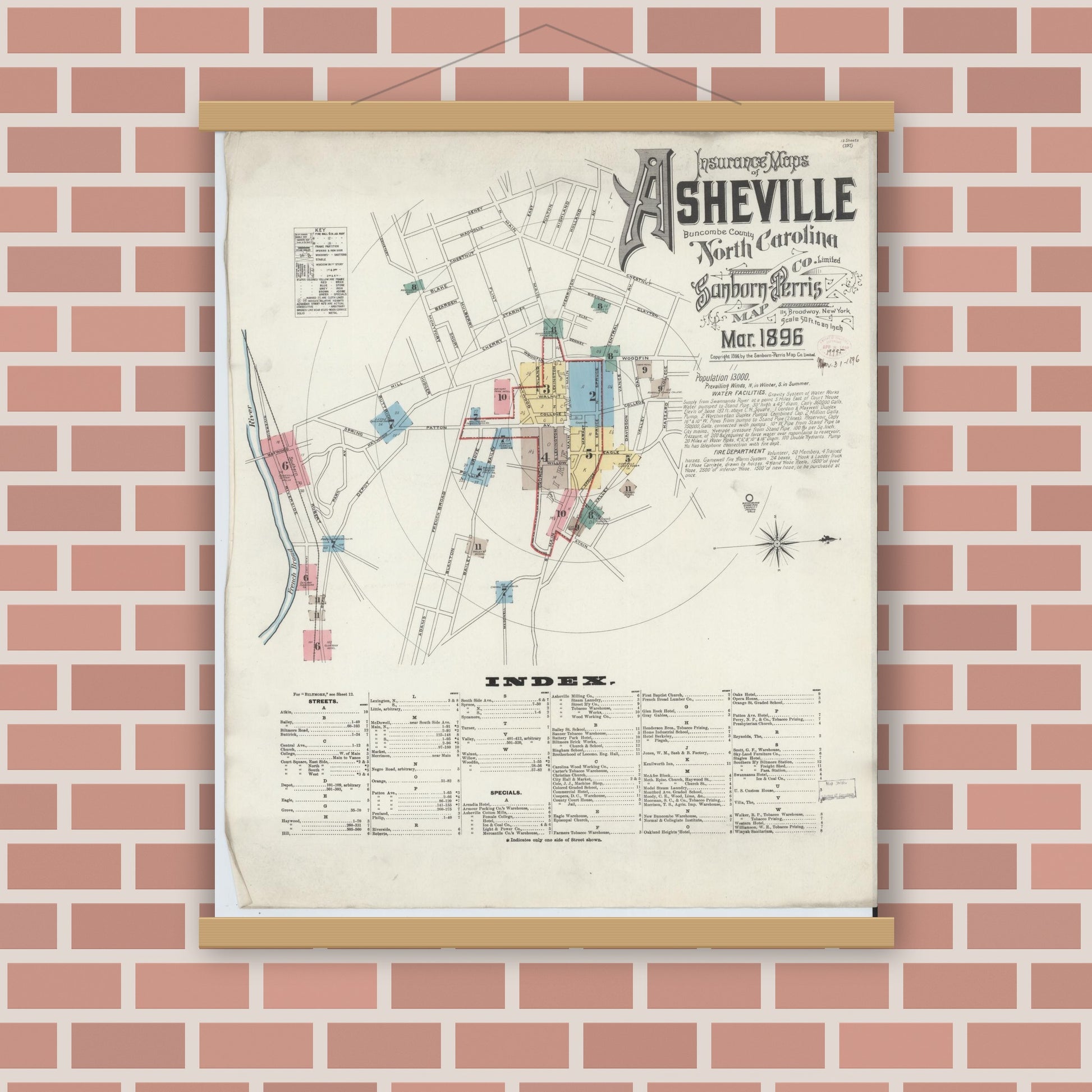 Old map wall art mockup — magnetic wood frame on brick wall — Sanborn Fire Insurance Map from Asheville, Buncombe County, North Carolina (1896), Sheet #0001
