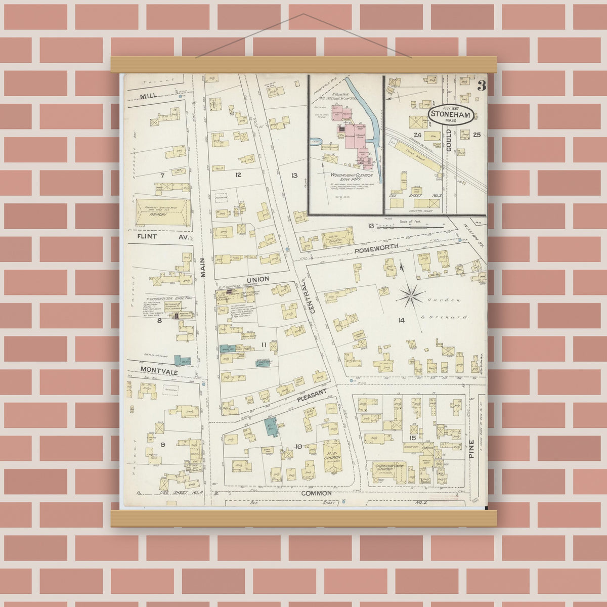 Old map wall art mockup — magnetic wood frame on brick wall — Sanborn Fire Insurance Map from Stoneham, Middlesex County, Massachusetts (1887), Sheet #0003
