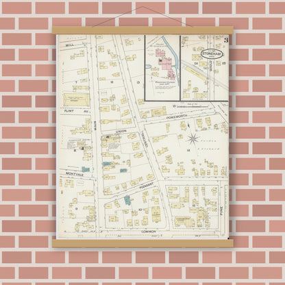 Old map wall art mockup — magnetic wood frame on brick wall — Sanborn Fire Insurance Map from Stoneham, Middlesex County, Massachusetts (1887), Sheet #0003
