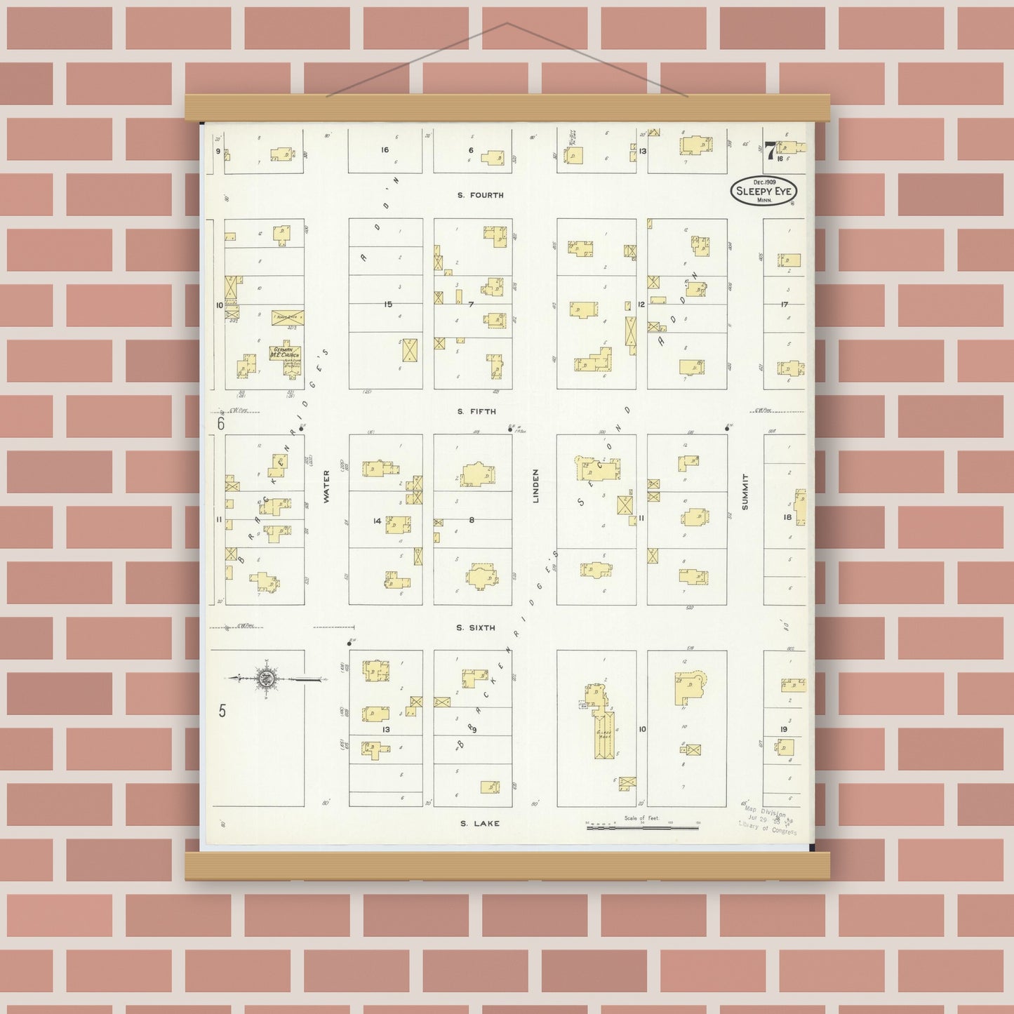 Old map wall art mockup — magnetic wood frame on brick wall — Sanborn Fire Insurance Map from Sleepy Eye, Brown County, Minnesota (1909), Sheet #0007