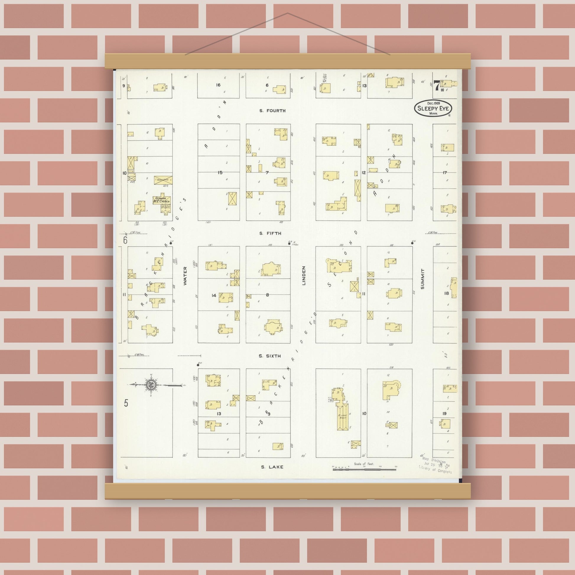 Old map wall art mockup — magnetic wood frame on brick wall — Sanborn Fire Insurance Map from Sleepy Eye, Brown County, Minnesota (1909), Sheet #0007