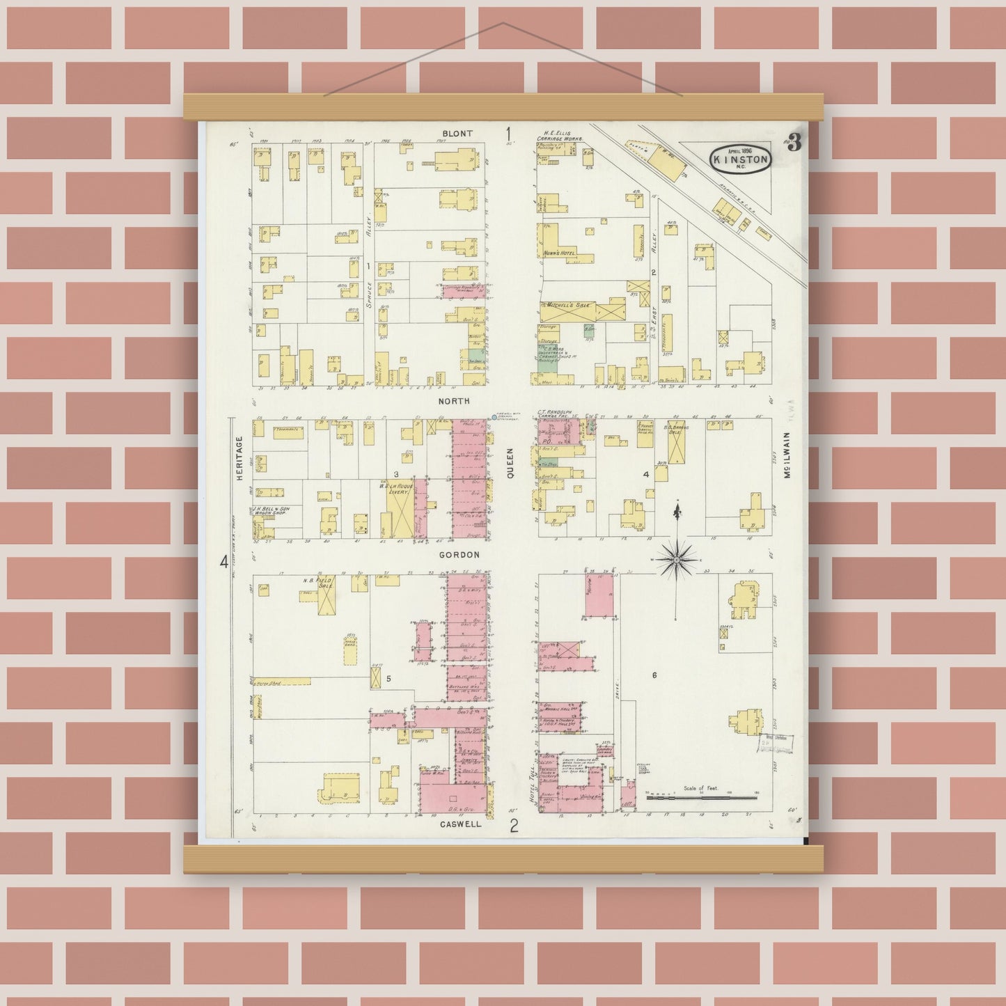 Old map wall art mockup — magnetic wood frame on brick wall — Sanborn Fire Insurance Map from Kinston, Lenoir County, North Carolina (1896), Sheet #0003