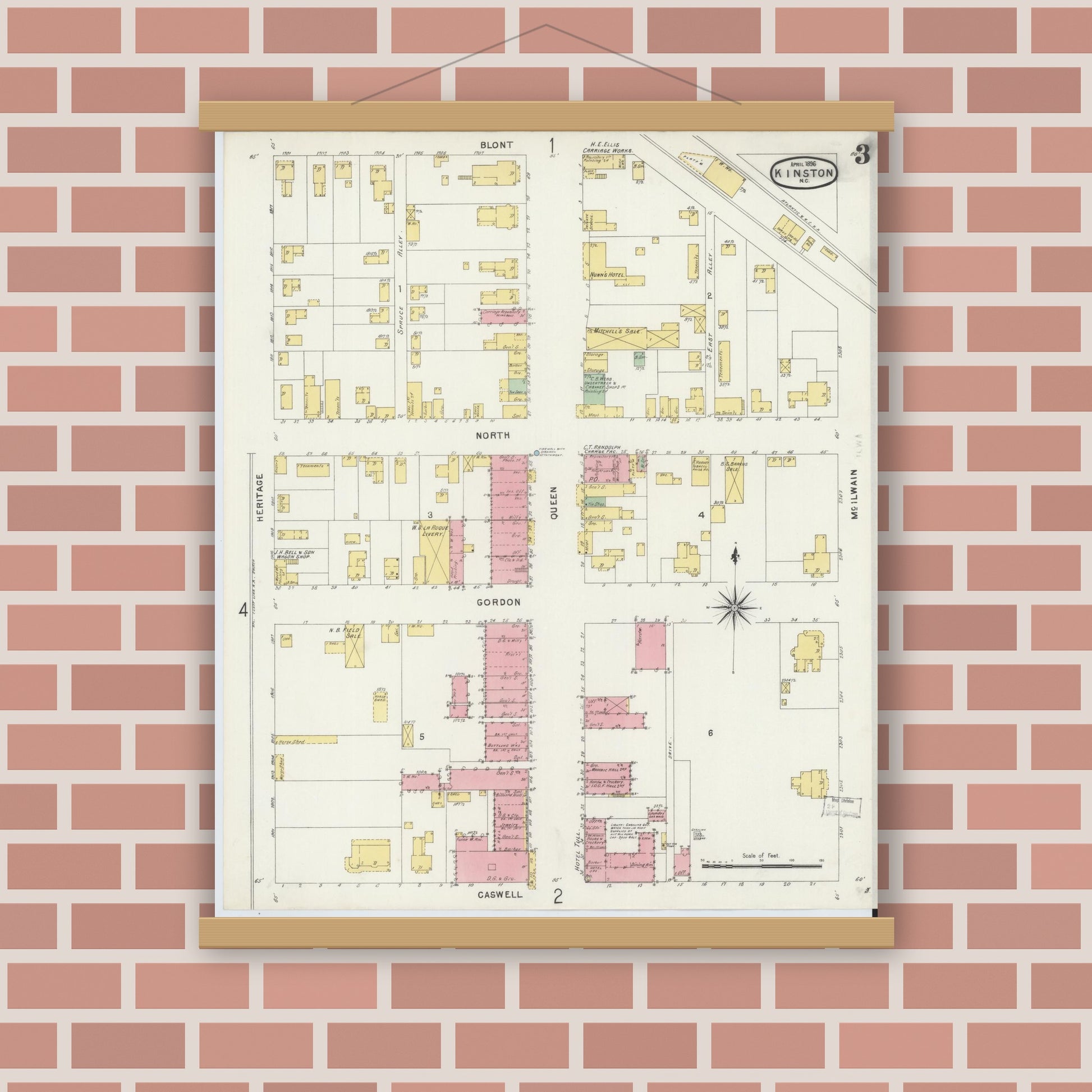 Old map wall art mockup — magnetic wood frame on brick wall — Sanborn Fire Insurance Map from Kinston, Lenoir County, North Carolina (1896), Sheet #0003
