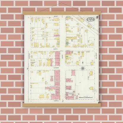 Old map wall art mockup — magnetic wood frame on brick wall — Sanborn Fire Insurance Map from Kinston, Lenoir County, North Carolina (1896), Sheet #0003