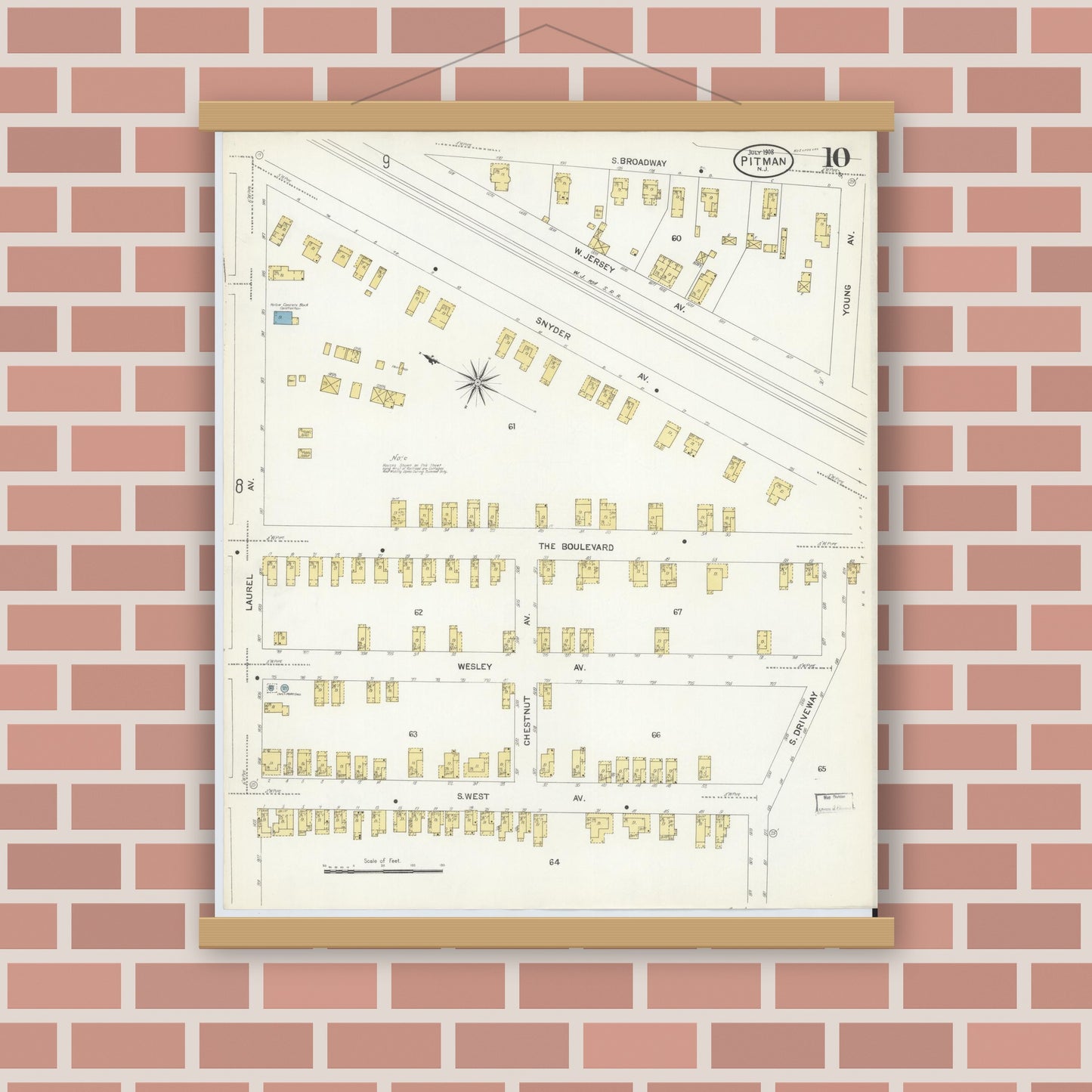 Old map wall art mockup — magnetic wood frame on brick wall — Sanborn Fire Insurance Map from Pitman, Gloucester County, New Jersey (1908), Sheet #0010