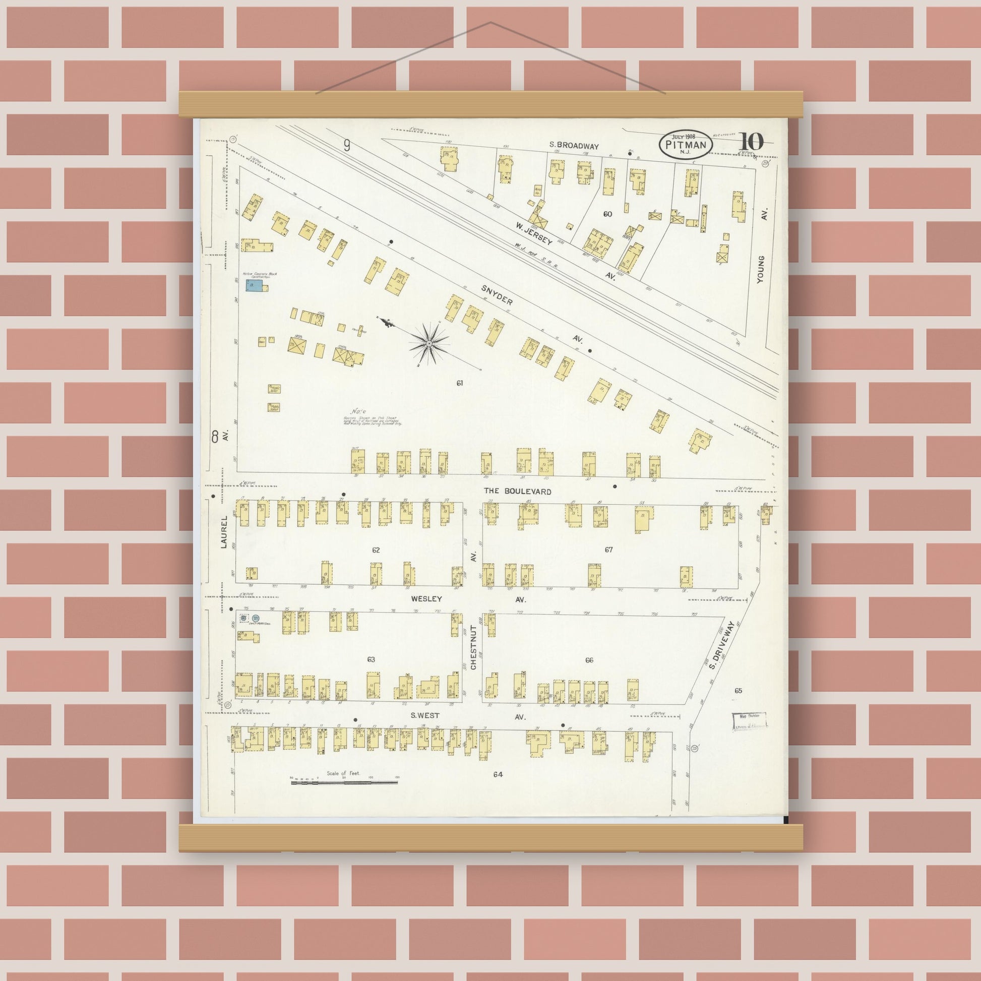 Old map wall art mockup — magnetic wood frame on brick wall — Sanborn Fire Insurance Map from Pitman, Gloucester County, New Jersey (1908), Sheet #0010