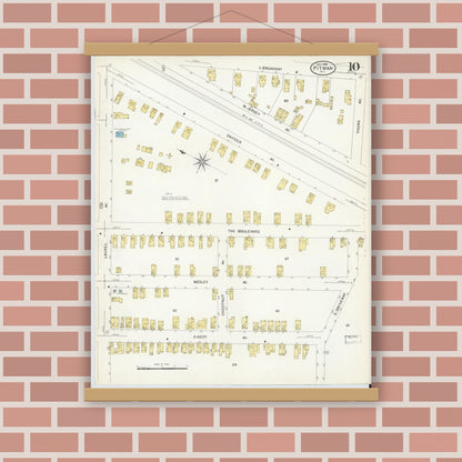 Old map wall art mockup — magnetic wood frame on brick wall — Sanborn Fire Insurance Map from Pitman, Gloucester County, New Jersey (1908), Sheet #0010