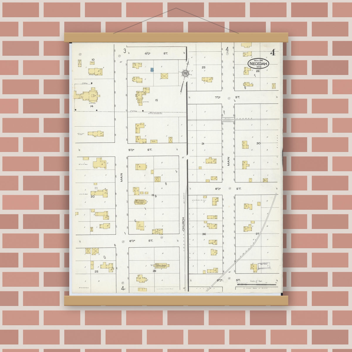 Old map wall art mockup — magnetic wood frame on brick wall — Sanborn Fire Insurance Map from Necedah, Juneau County, Wisconsin (1916), Sheet #0004