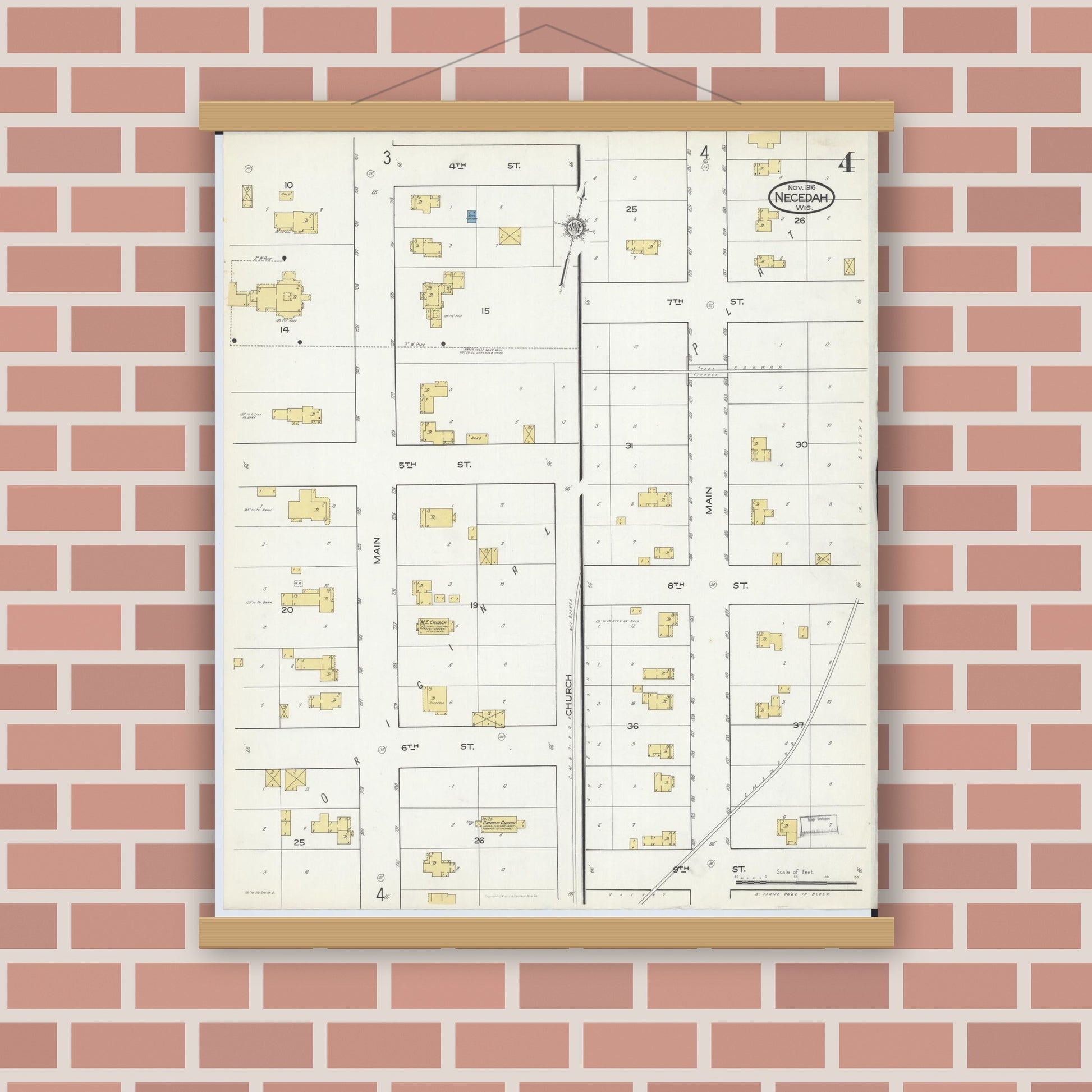Old map wall art mockup — magnetic wood frame on brick wall — Sanborn Fire Insurance Map from Necedah, Juneau County, Wisconsin (1916), Sheet #0004