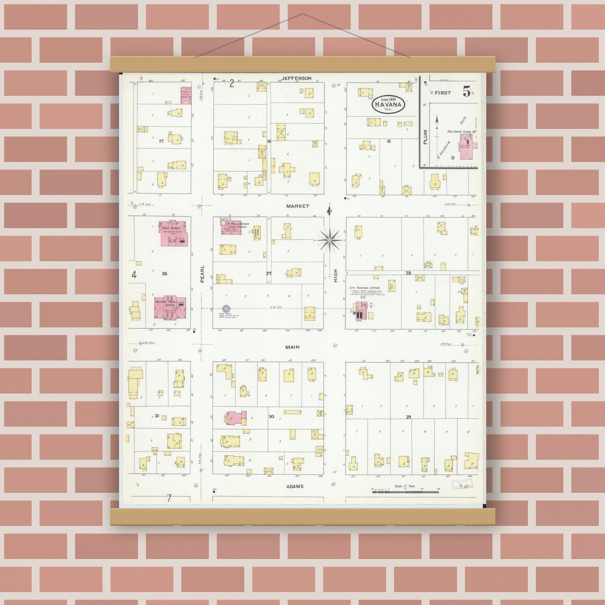 Old map wall art mockup — magnetic wood frame on brick wall — Sanborn Fire Insurance Map from Havana, Mason County, Illinois (1909), Sheet #0005