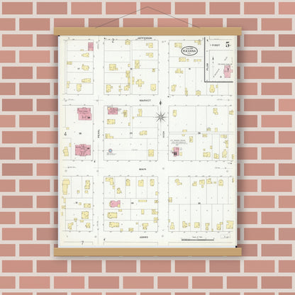 Old map wall art mockup — magnetic wood frame on brick wall — Sanborn Fire Insurance Map from Havana, Mason County, Illinois (1909), Sheet #0005