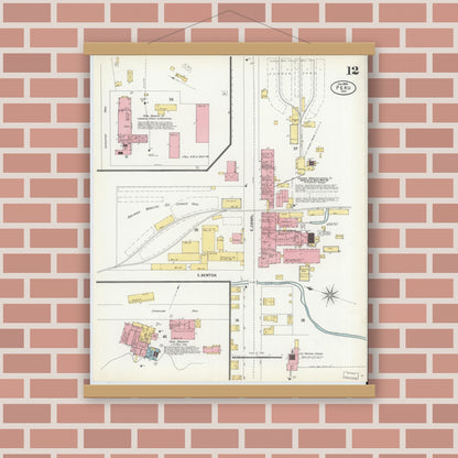 Old map wall art mockup — magnetic wood frame on brick wall — Sanborn Fire Insurance Map from Peru, Miami County, Indiana (1899), Sheet #0012