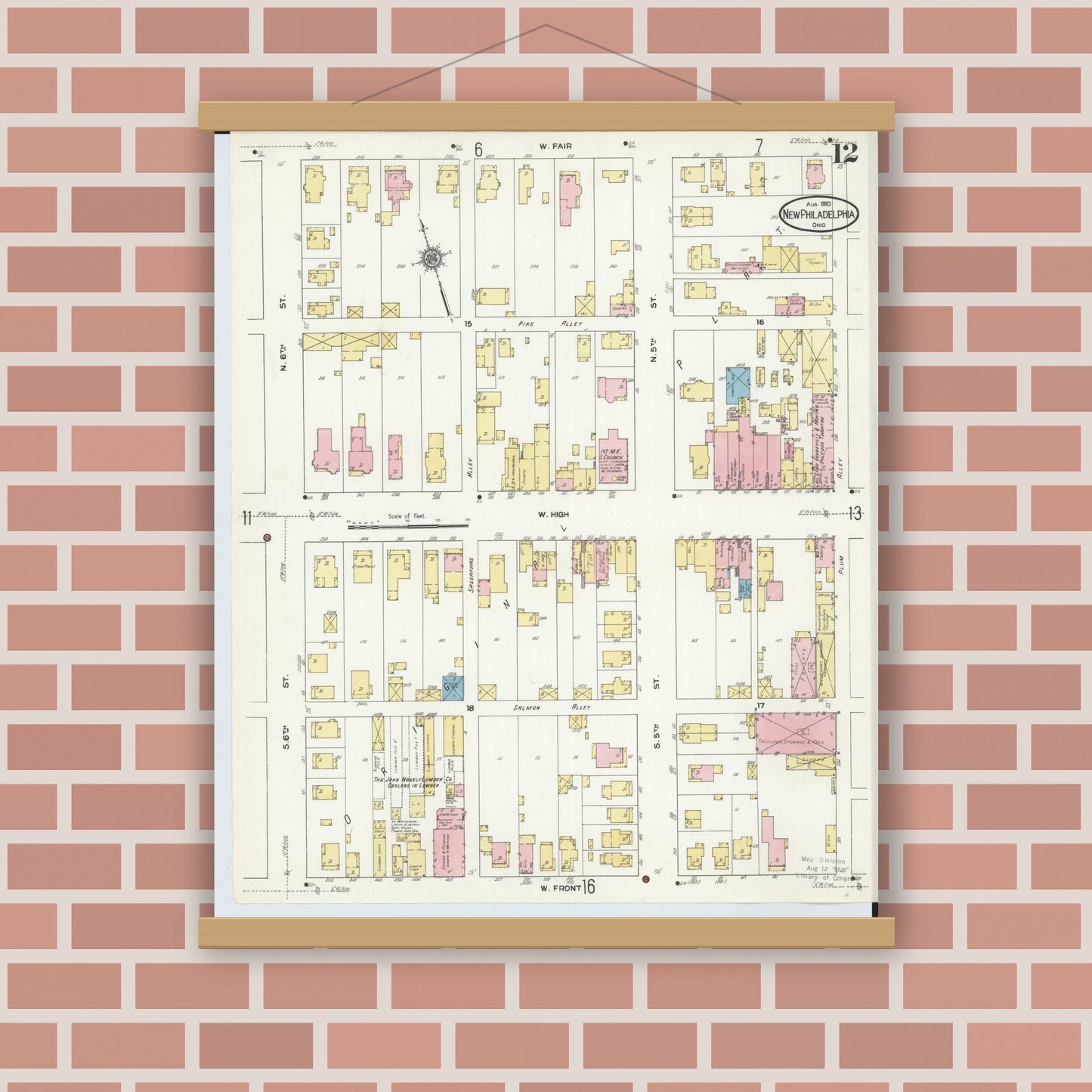 Old map wall art mockup — magnetic wood frame on brick wall — Sanborn Fire Insurance Map from New Philadelphia, Tuscarawas County, Ohio (1910), Sheet #0012