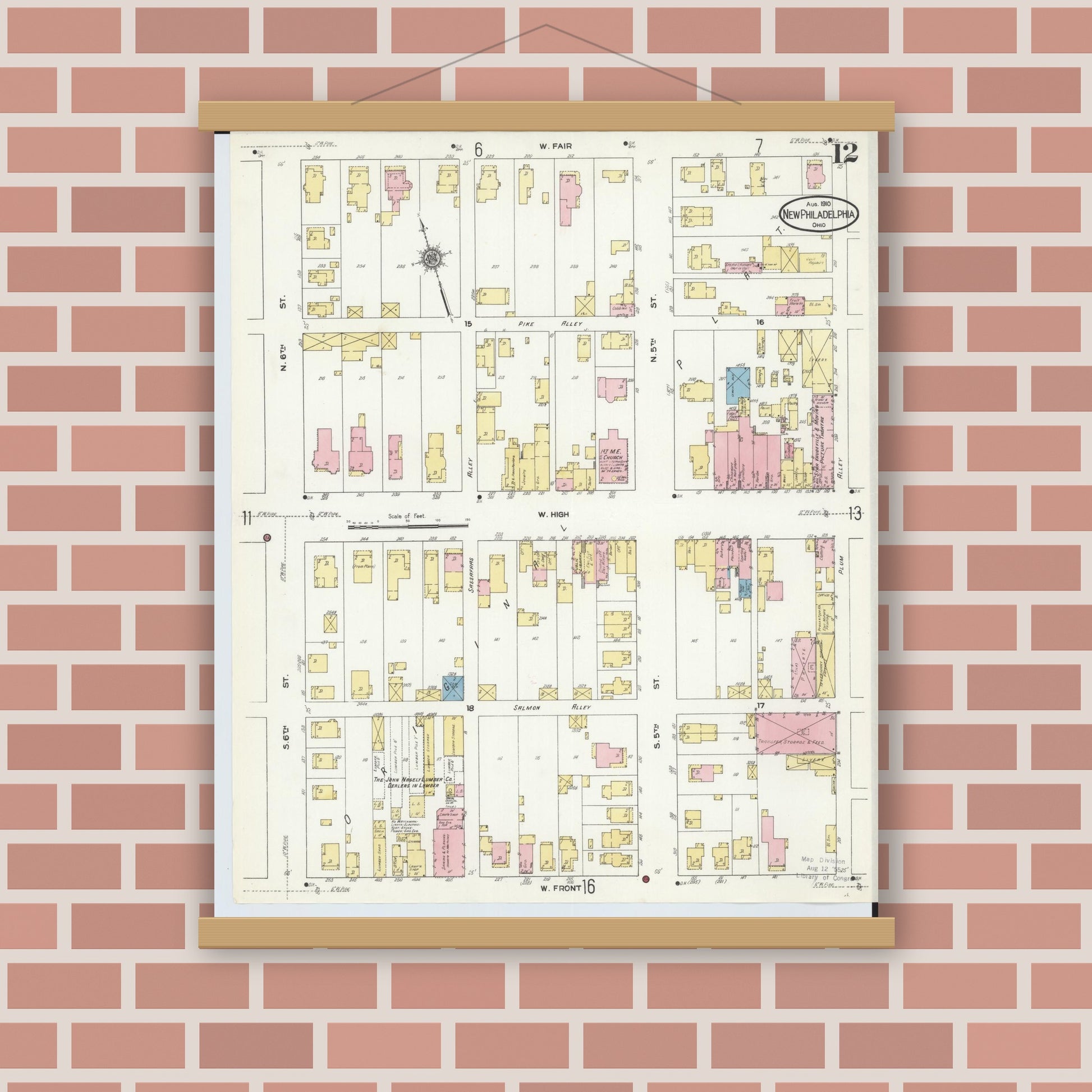Old map wall art mockup — magnetic wood frame on brick wall — Sanborn Fire Insurance Map from New Philadelphia, Tuscarawas County, Ohio (1910), Sheet #0012