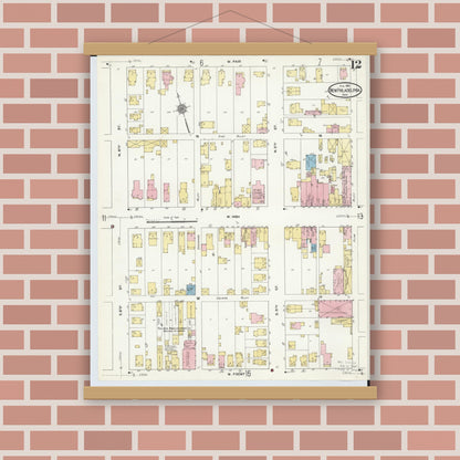 Old map wall art mockup — magnetic wood frame on brick wall — Sanborn Fire Insurance Map from New Philadelphia, Tuscarawas County, Ohio (1910), Sheet #0012