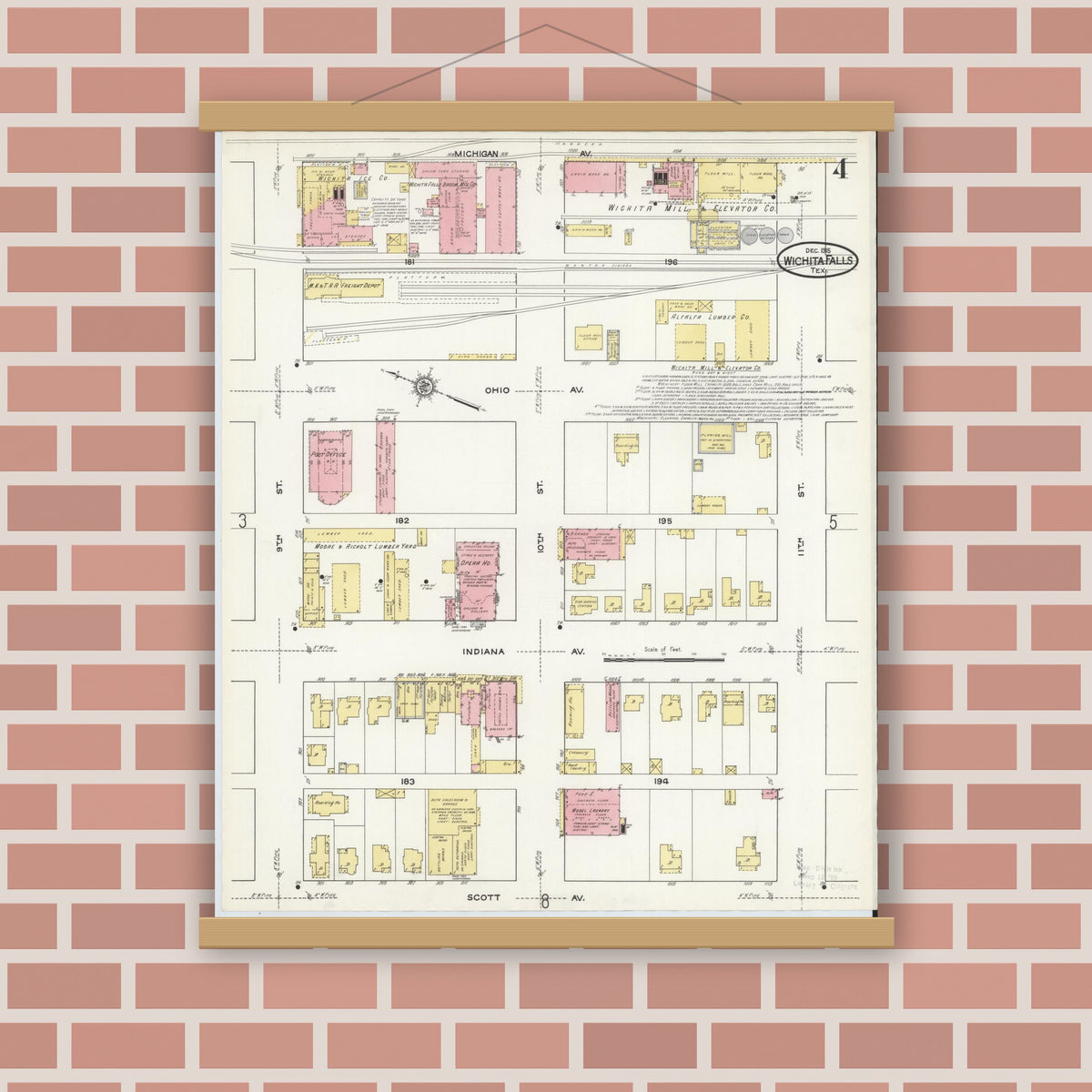 Old map wall art mockup — magnetic wood frame on brick wall — Sanborn Fire Insurance Map from Wichita Falls, Wichita County, Texas (1915), Sheet #0004