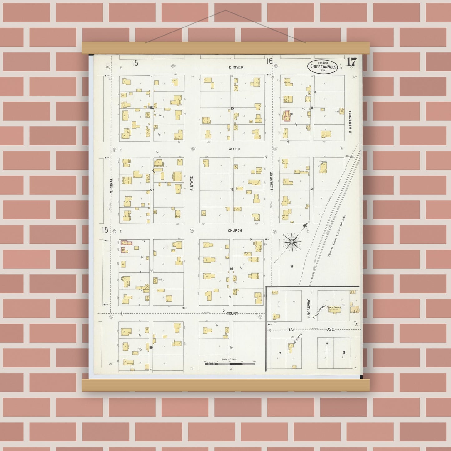 Old map wall art mockup — magnetic wood frame on brick wall — Sanborn Fire Insurance Map from Chippewa Falls, Chippewa County, Wisconsin (1903), Sheet #0017