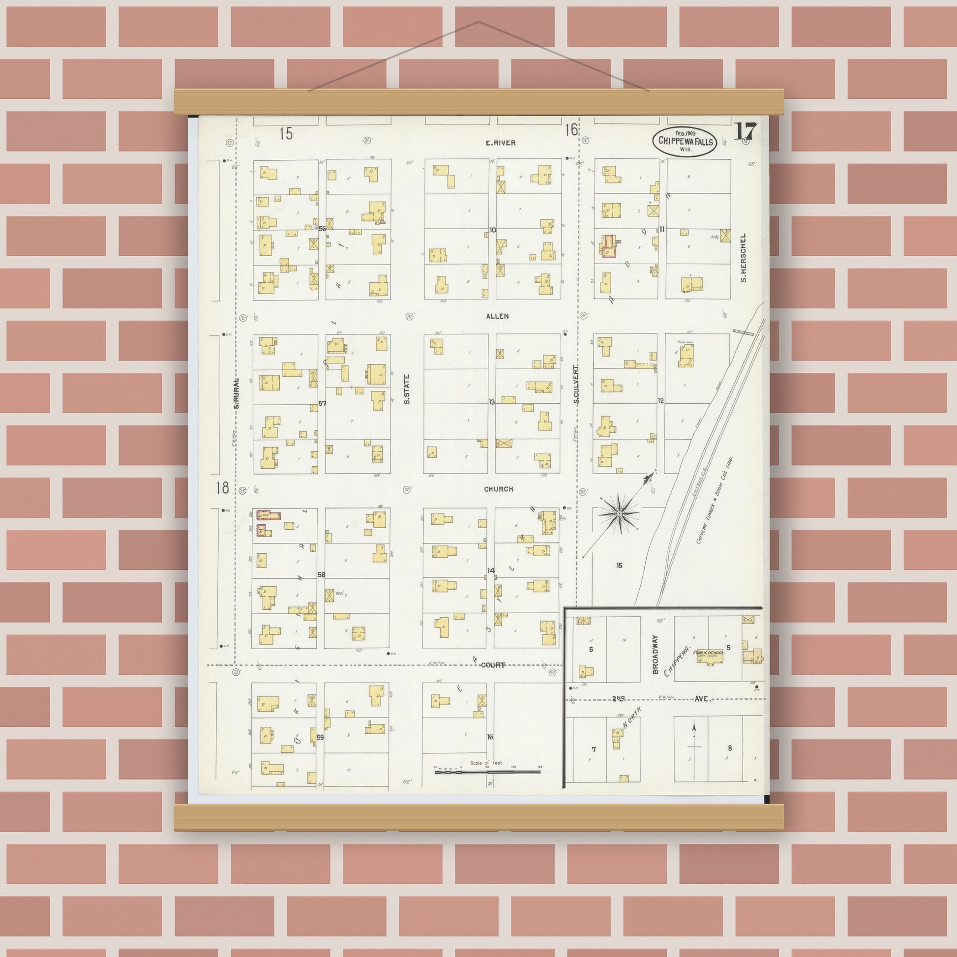 Old map wall art mockup — magnetic wood frame on brick wall — Sanborn Fire Insurance Map from Chippewa Falls, Chippewa County, Wisconsin (1903), Sheet #0017
