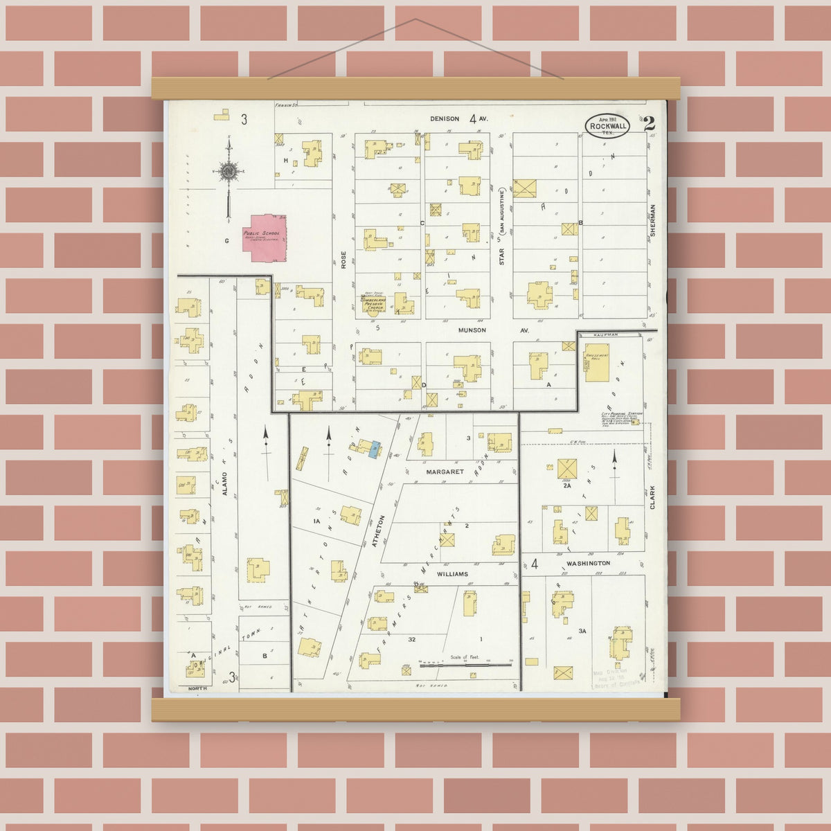 Old map wall art mockup — magnetic wood frame on brick wall — Sanborn Fire Insurance Map from Rockwall, Rockwall County, Texas (1911), Sheet #0002