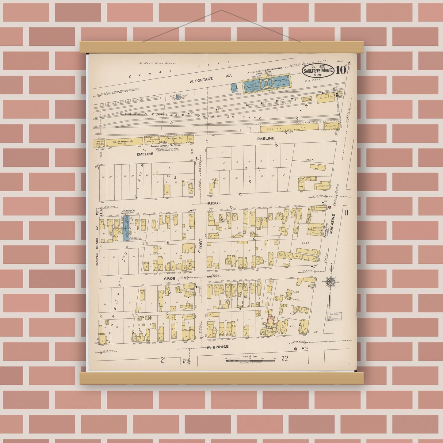 Old map wall art mockup — magnetic wood frame on brick wall — Sanborn Fire Insurance Map from Sault Sainte Marie, Chippewa County, Michigan (1922), Sheet #0010