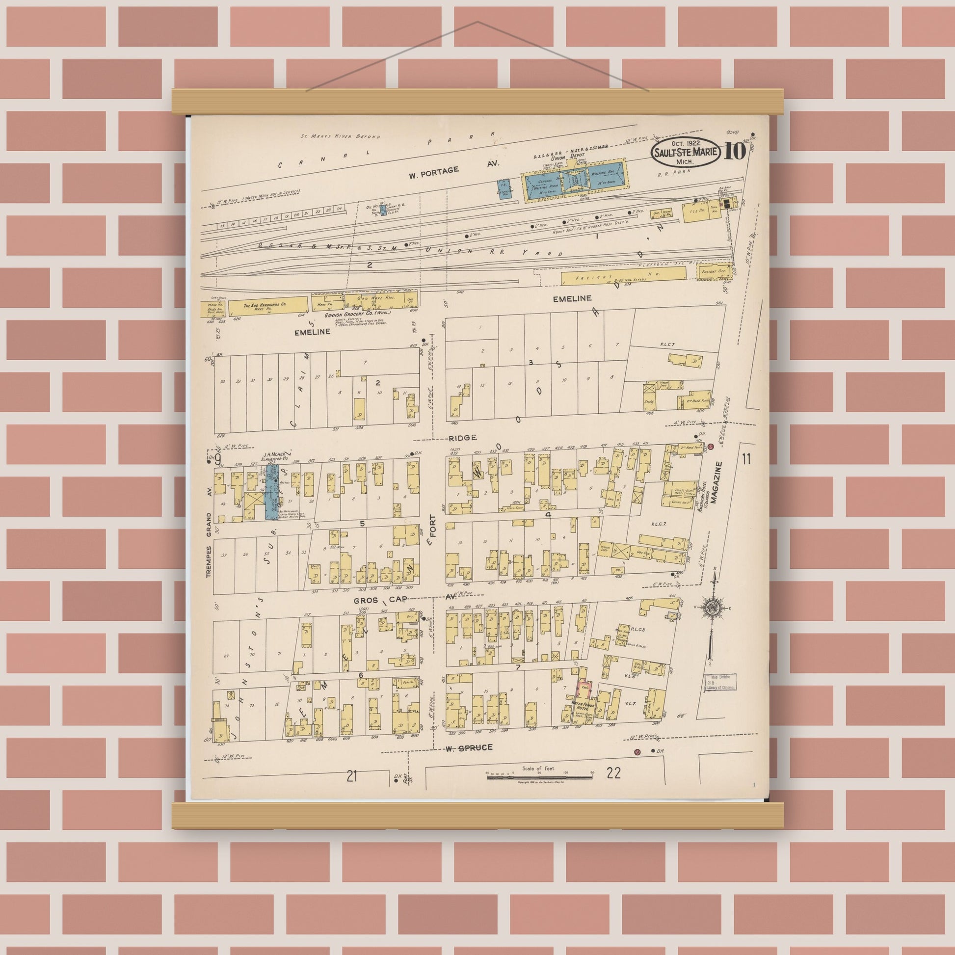 Old map wall art mockup — magnetic wood frame on brick wall — Sanborn Fire Insurance Map from Sault Sainte Marie, Chippewa County, Michigan (1922), Sheet #0010