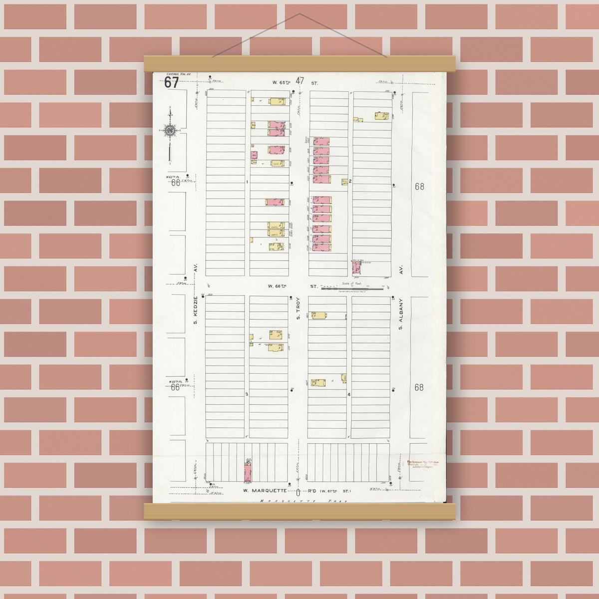 Old map wall art mockup — magnetic wood frame on brick wall — Sanborn Fire Insurance Map from Chicago, Cook County, Illinois (1920), Sheet #0067