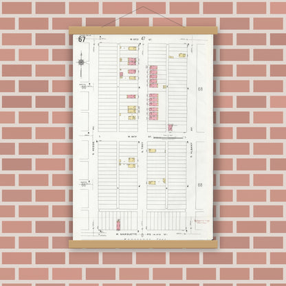 Old map wall art mockup — magnetic wood frame on brick wall — Sanborn Fire Insurance Map from Chicago, Cook County, Illinois (1920), Sheet #0067